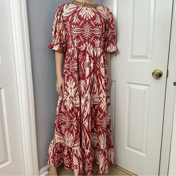Sheridan French Dress Maxi Boho Michola Red Floral Tropical Vacation Puff Large - Picture 1 of 6